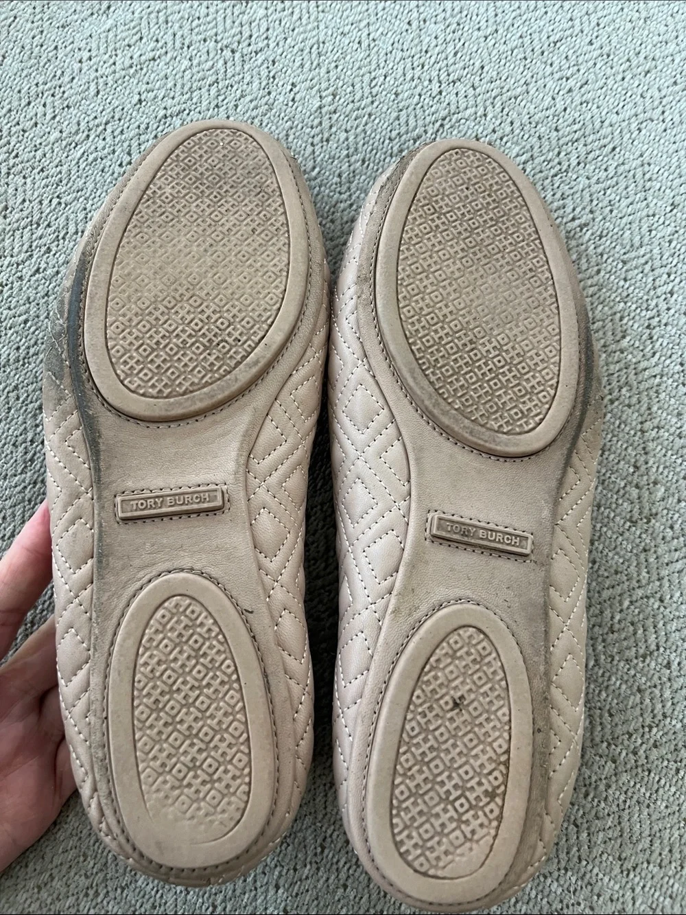 Tory Burch Beige Quilted Ballet Flats with Gold Logo
